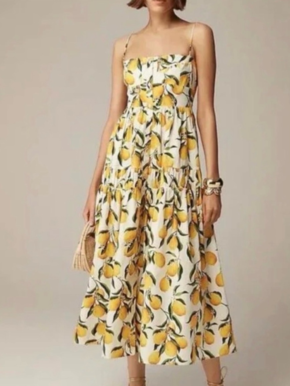 J. Crew A-line Midi Dress Sz 14 Tiered Lemon Print Button Up Smocked Sleeveless